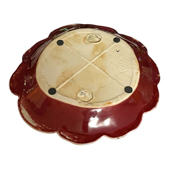 Vintage Ceramic Holiday Plate with Cardinals and Pinecones – Red & Gold Glaze – - Picture 4 of 6